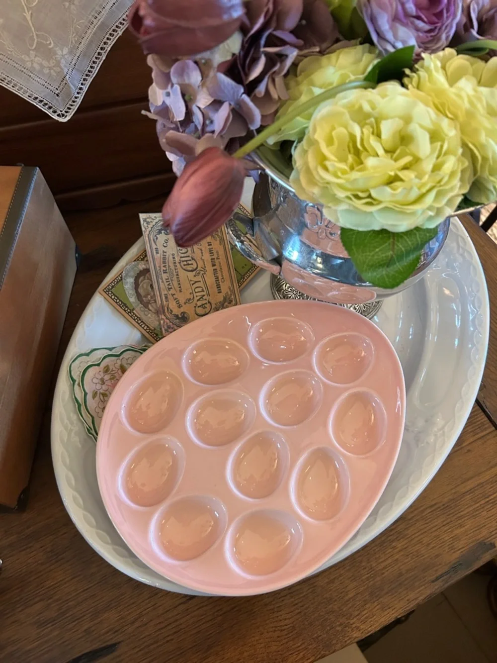 Pink Ceramic Deviled Egg Plate Made in Portugal - Picture 2 of 5